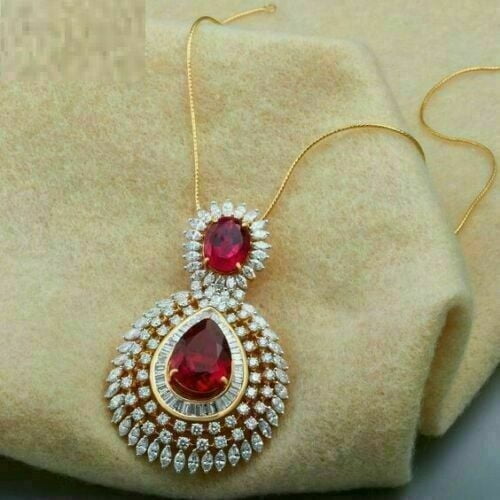 3Ct Pear Cut Simulated Red Ruby Women's Wedding Gift Pendant 14K Yellow Gold Plated 18"