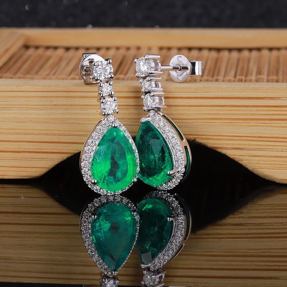3Ct Pear Lab-Created Emerald & Diamond Drop & Dangle Earring 14K White Gold Plated