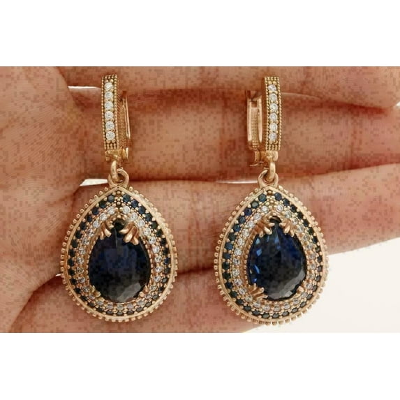 3Ct Pear Lab Created Sapphire & Diamond Halo Drop Dangle Earrings In 14K Yellow Gold Plated