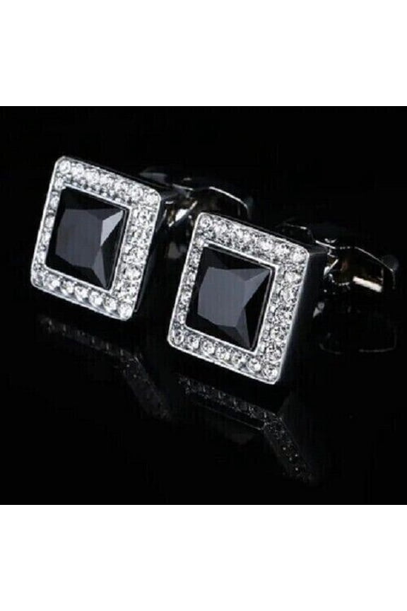 3Ct Princess Cut Lab Created Black Diamond Halo Classic Engagement Men's Cufflinks 14K White Gold Plated 925 Sterling Silver