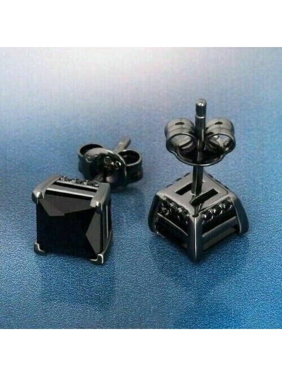 3Ct Princess Cut Lab-Created Black Diamond Stud Men Earrings 14K Black Gold Plated