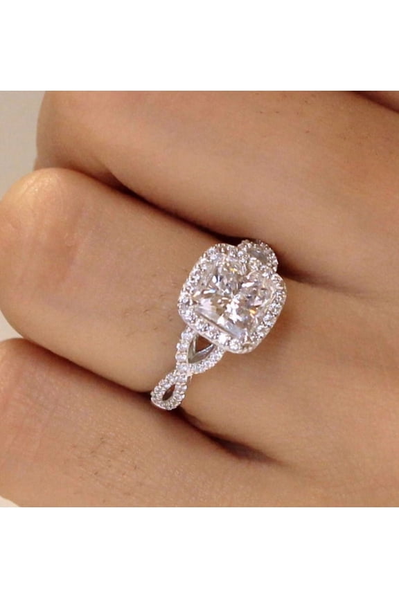 3Ct Princess Cut Lab Created Diamond Halo Twisted Engagement Ring 14K White Gold Plated Silver