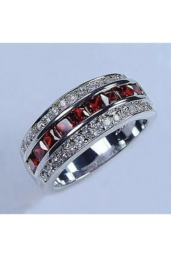 3Ct Princess Cut Lab Created Red Garnet Men's Engagement Ring 14k White Gold Plated Silver