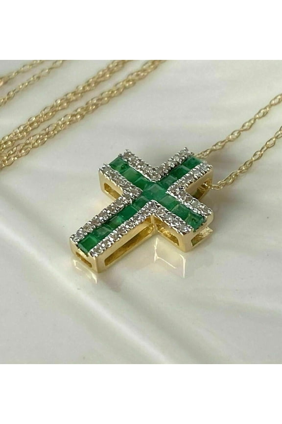 3Ct Princess Cut Natural Green Emerald Cross Pendant 14K Yellow Gold Plated Silver
