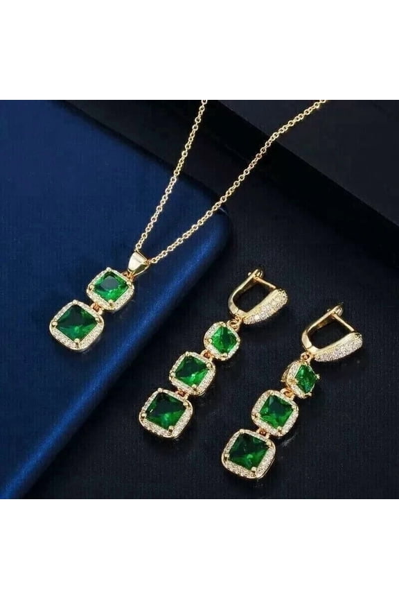 3Ct Princess Cut Simulated Green Emerald Women's Jewelry Set 14K Yellow Gold Plated