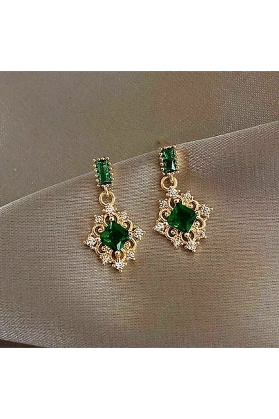 3Ct Princess Cut Simulated Green Emerald Women's Weddings Drop/Dangle Earrings 14k Yellow Gold Plated