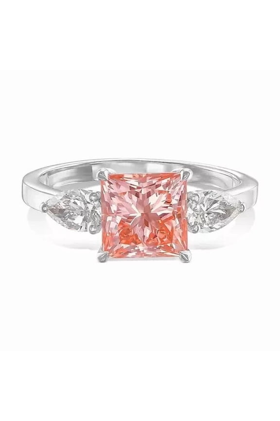 3Ct Princess Cut Vivid Pink Lab Created Diamond Ring 14k White Gold Plated