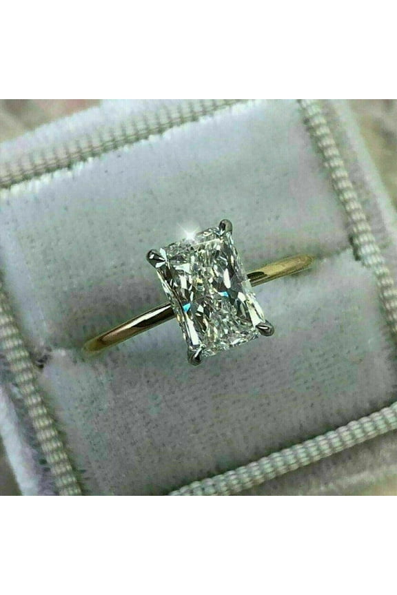 3Ct Radiant Cut Lab Created Diamond Solitaire Single Stone Women's Engagement Ring 14K Yellow/White Gold Plated Silver