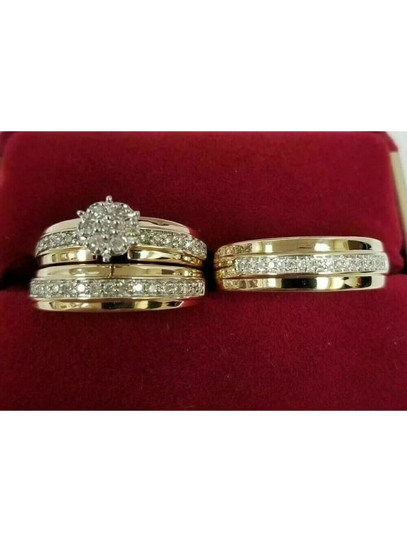 3Ct Real Miossanite Round Cut Wedding Bridal Trio Ring Set 14K Yellow Gold Finish
