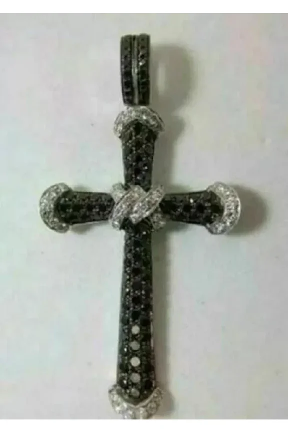 3Ct Round Cut Black Diamond Cross Pendant 14K White Gold Over