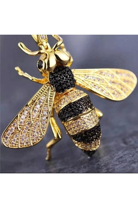 3Ct Round Cut Lab Created Black Diamond Women's Bee Charm Pendant 14K Yellow Gold Plated Silver 18 Inch