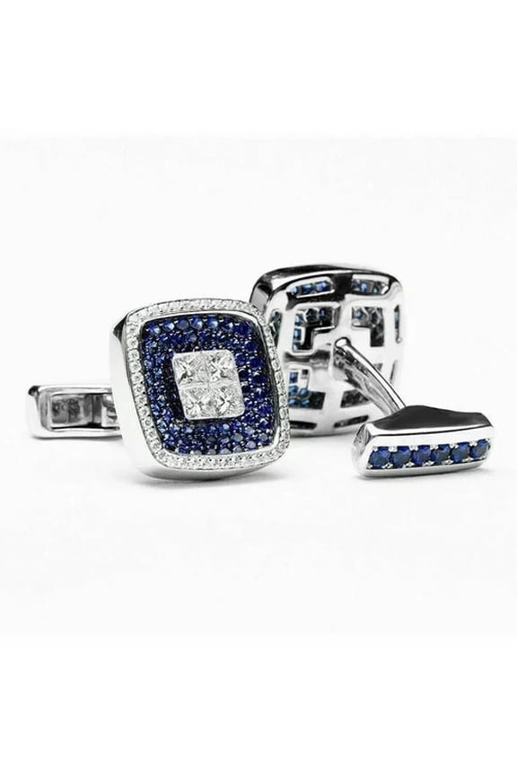 3Ct Round Cut Lab Created Diamond/Blue Sapphire Men's Fancy Cufflinks 14K White Gold Plated Silver
