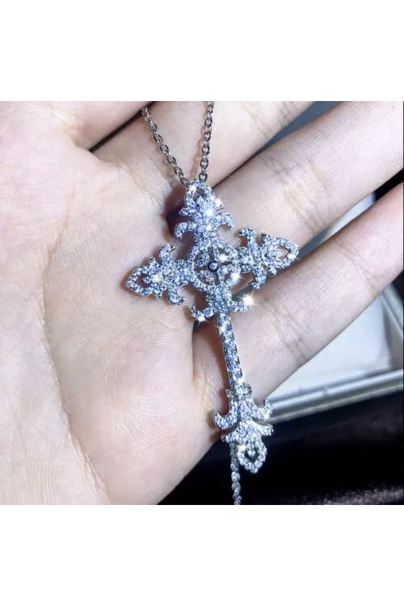 3Ct Round Cut Lab Created Diamond Cross Pendant 14K White Gold Plated Free Chain