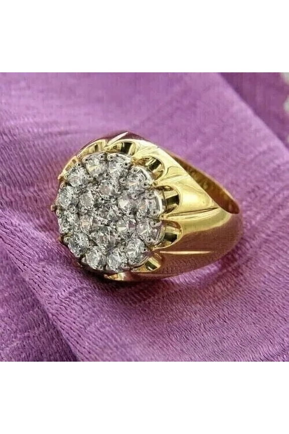 3Ct Round Cut Lab Created Diamond Men's Cluster Ring 14K Yellow Gold Plated Silver