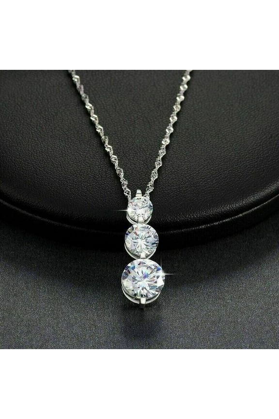 3Ct Round Cut Lab Created Diamond Three Stone Pendant 18" Chain 14K White Gold Plated Silver