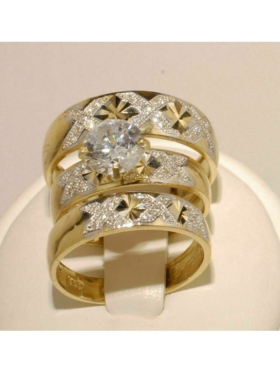 3Ct Round Cut Lab Created Diamond Trio Wedding Ring Set 14K Yellow Gold Plated