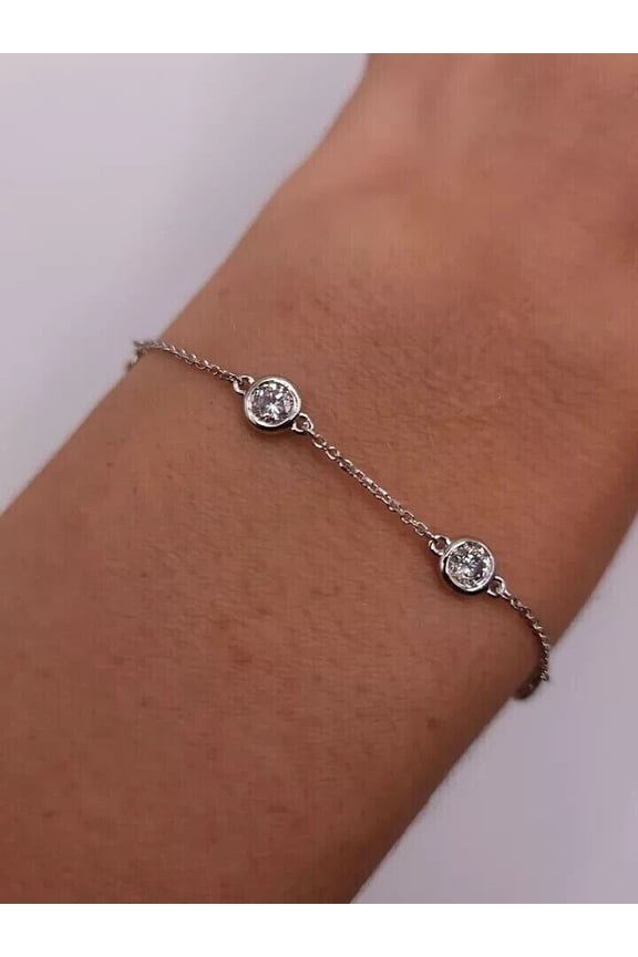 3Ct Round Cut Lab Created Diamond Wedding Chain Yard Stations Bracelet 14k White Gold Plated Silver 7"