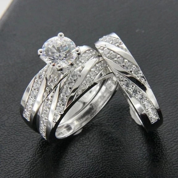 Trio Wedding Ring Lab Created Diamond Engagement Band 14K Yellow Gold ...