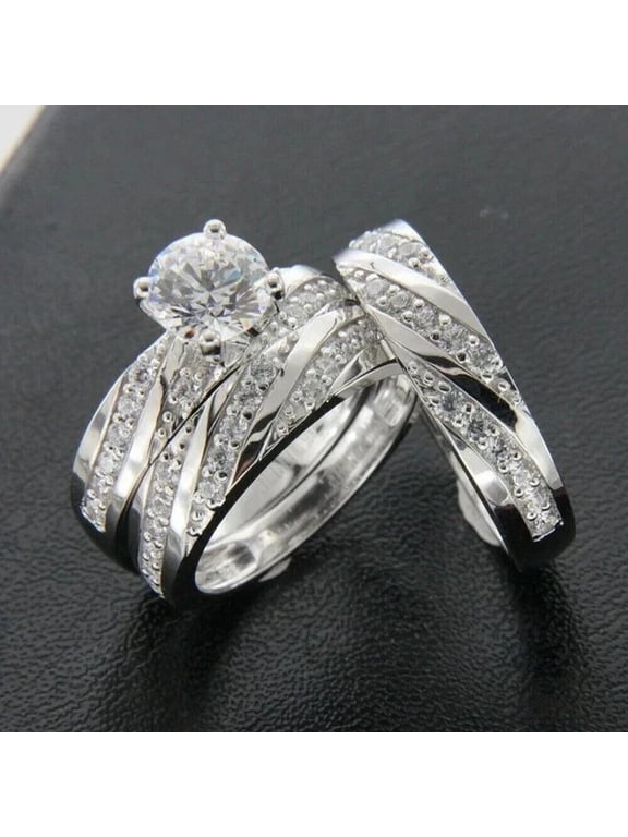 3Ct Round Cut Lab Created Diamond Wedding Trio Ring Set 14k White Gold Plated