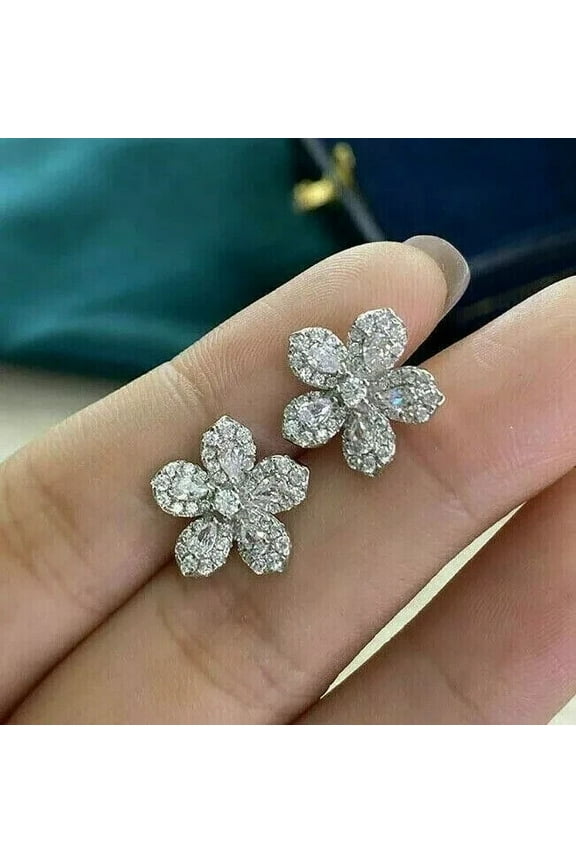 3Ct Round Cut Lab Created Flower Diamond Stud Earrings 14K White Gold Plated