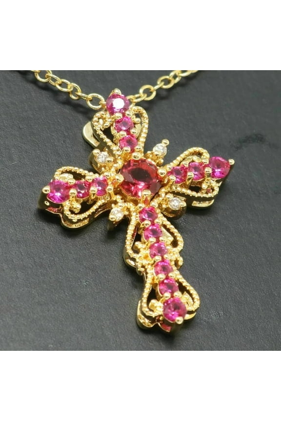 3Ct Round Cut Lab Created Red Ruby Diamond Cross Pendant 14K Yellow Gold Plated Silver