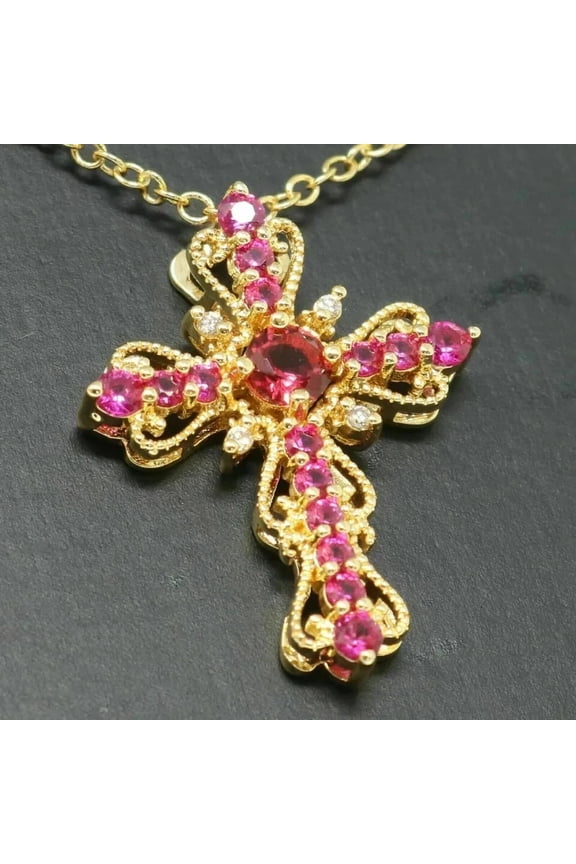 3Ct Round Cut Lab Created Red Ruby Women's Cross Pendant 14K Yellow Gold Plated