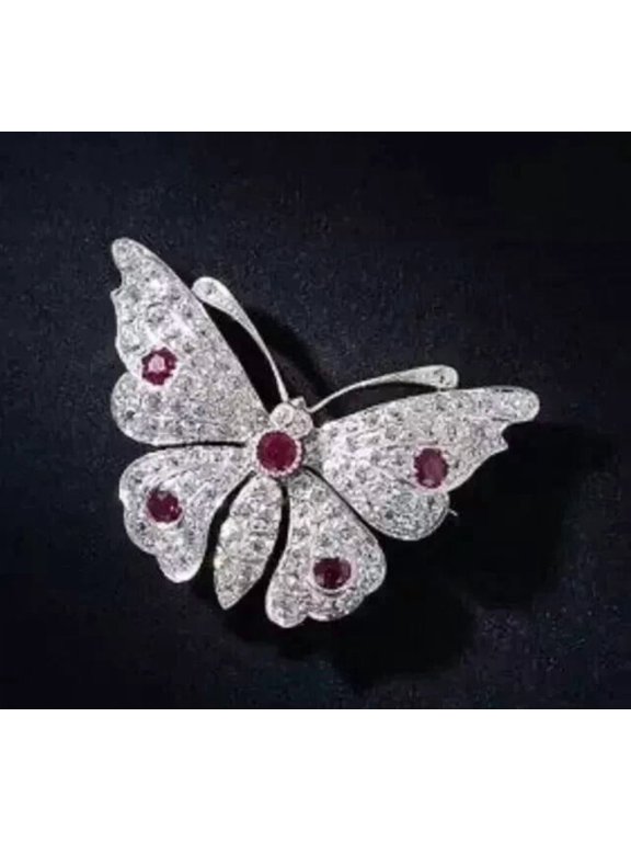 3Ct Round Cut Lab Created Ruby Butterfly Charm Brooch Pin 14K White Gold Plated