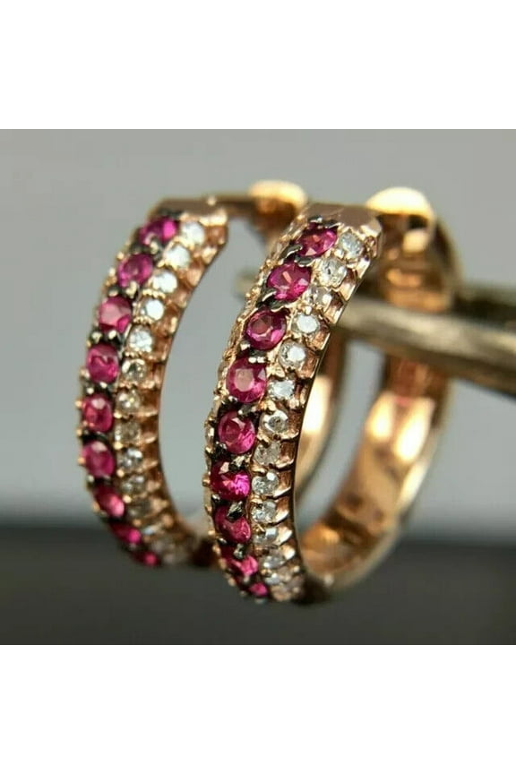 3Ct Round Cut Lab-Created Ruby Women Huggie Hoop Earring 14k Rose Gold Plated Silver