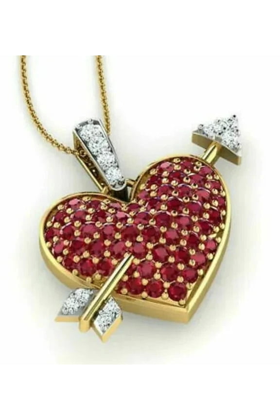 3Ct Round Cut Lab Created Ruby Women's Heart Pendant 14k Yellow Gold Plated