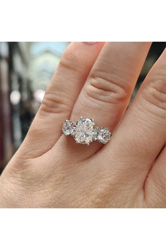 3Ct Round Cut Moissanite Three-Stone Engagement Ring 14K White Gold Plated