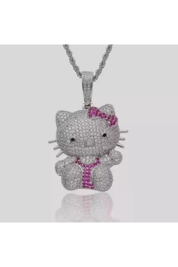 3Ct Round Cut Real Moissanite Cartoon Hello Kitty Pendant 14K White Gold Plated.