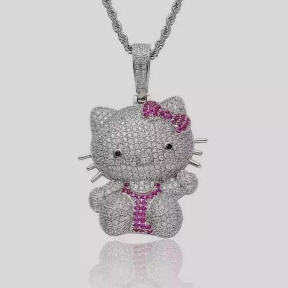 3Ct Round Cut Real Moissanite Cartoon Hello Kitty Pendant 14K White Gold Plated.