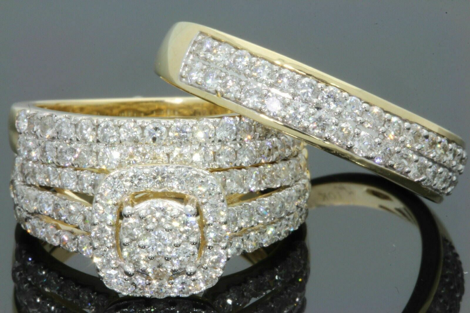 SILVER STARS GEMS & JEWELLERY 3Ct Round Cut Simulated Diamond His Her Engagement Wedding Trio Ring Set 14K Yellow Gold Plated