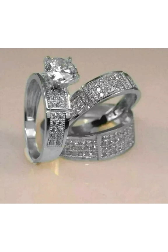 3Ct Round Cut Simulated Diamond Women's Cluster Trio Set Engagement Ring 14k White Gold Plated 925 Silver