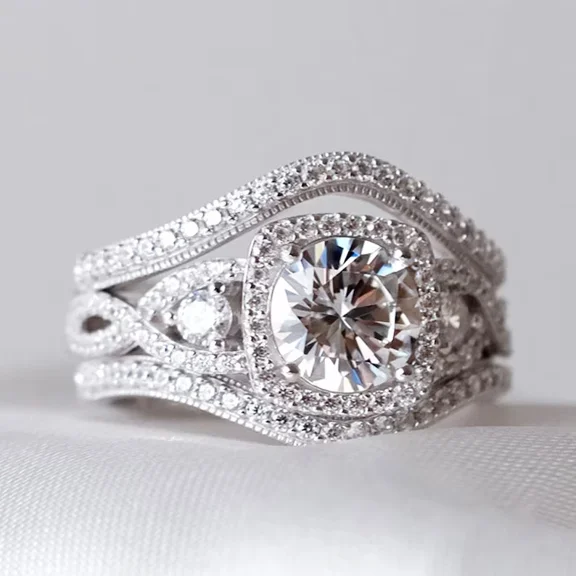 3Ct Round Cut Simulated Diamond Women's Engagement Bridal Trio Ring Set 14K White Gold Plated