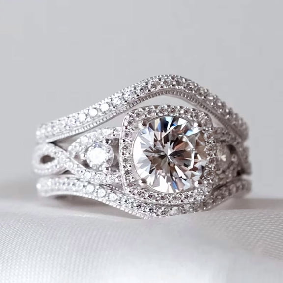 3Ct Round Cut Simulated Diamond Women's Engagement Bridal Trio Ring Set 14K White Gold Plated