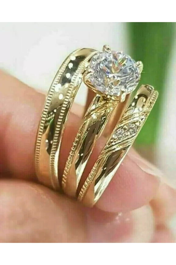 3Ct Round Lab Created Diamond Wedding His-Her Trio Engagement Ring Set 14K Yellow Gold Plated 925 Sterling Silver