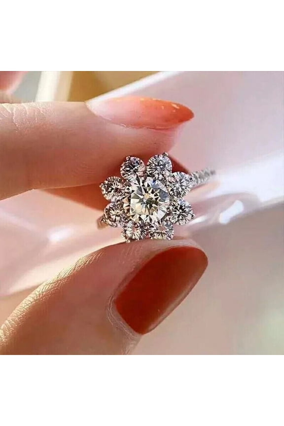 3Ct Round Simulated Diamond Sun Flower Engagement Women's Ring 14K White Gold Plated