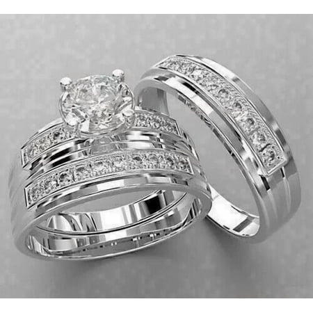 3Ct Simulated Diamond 14K White Gold Plated His & Her Wedding Trio Ring Set Round Cut