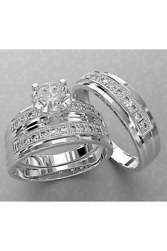 3Ct Simulated Diamond 14K White Gold Plated His & Her Wedding Trio Ring Set Round Cut