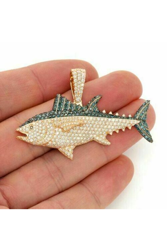 3Ct lab Created Emerald Diamond Fish Pendant 14K Yellow Gold Over Free Chain