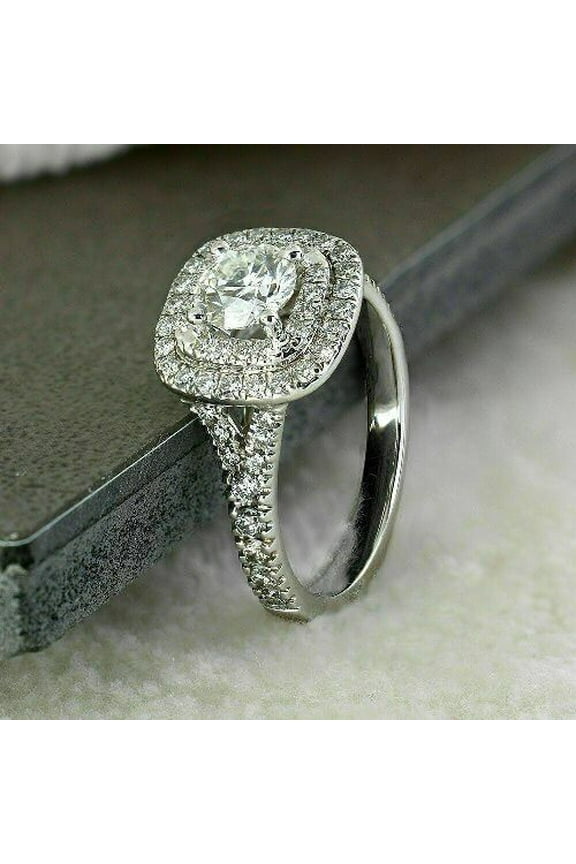 3Ctw Round Cut Halo Simulated Diamonds Women's Engagement Ring Silver 14K White Gold Finish