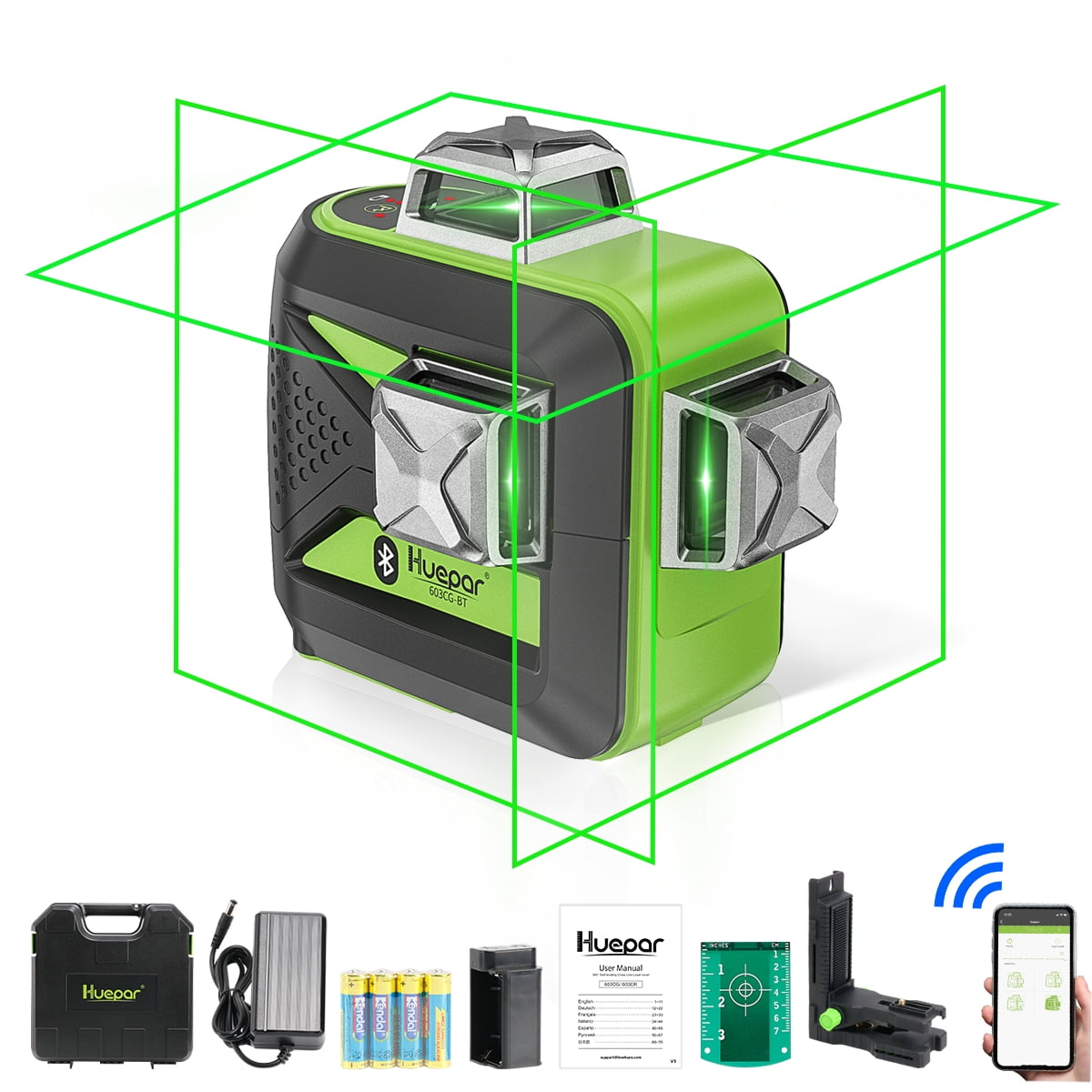 3D 12 Lines Cross Line Laser Level, 200Ft Green Beam 3 x 360° Self