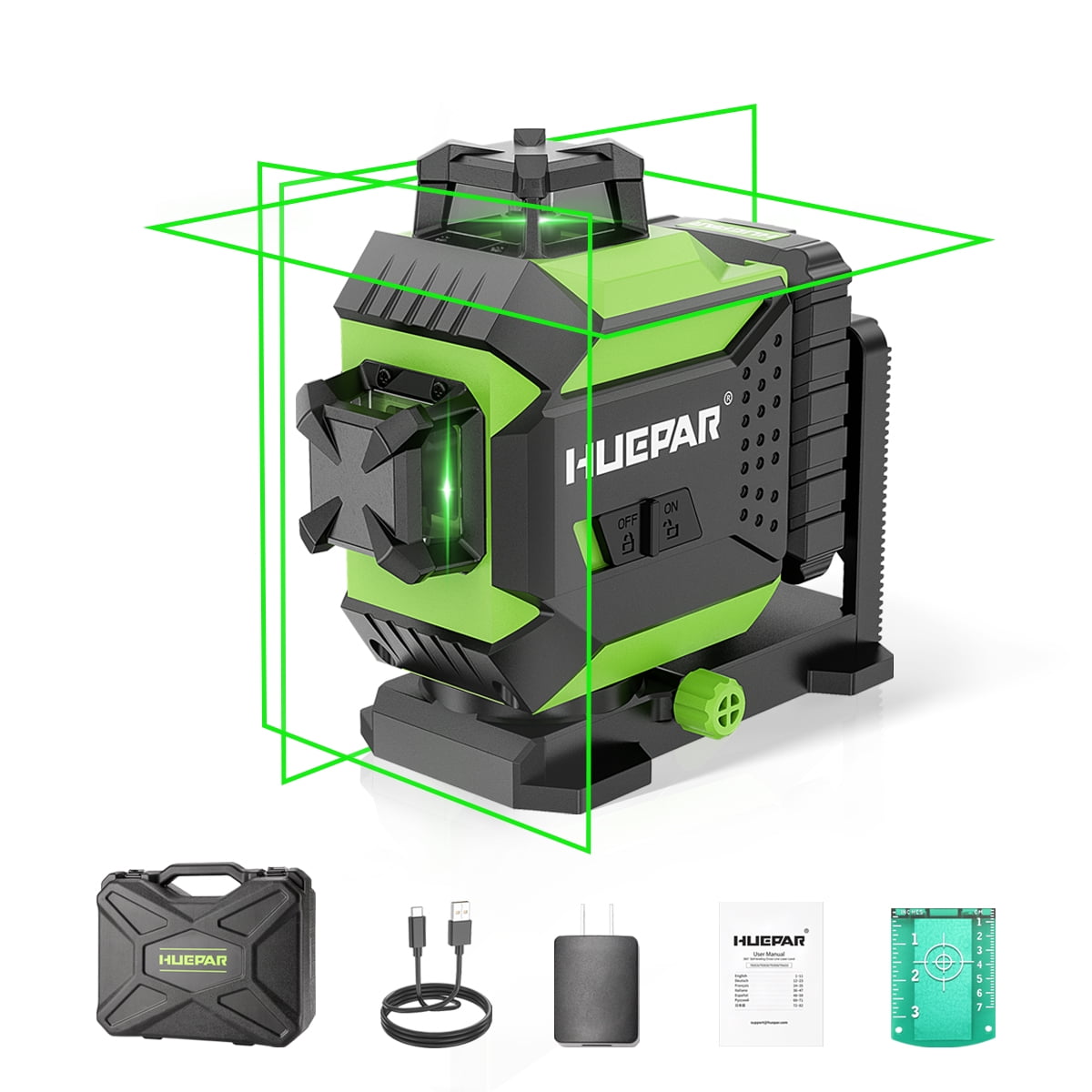 3D 12 Lines Self-Leveling Laser Level, 197Ft Green 3 x 360° Cross Line Laser Level Tools with 6600mAh Li-ion Battery, Magnetic Bracket and Laser Target Plate