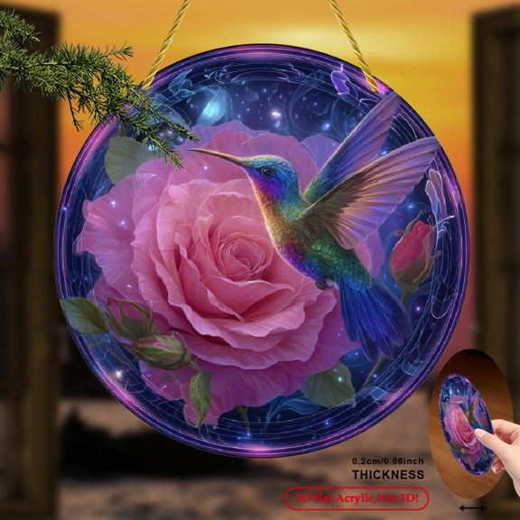 3D 1pc, a Rainbow Hummingbird Rests Above a Rose Under The Night Sky with a Rotating Hook, Creative Wind Spinner Seasonal Creative Style Wind Spinner Set, Wind-Powered Rotation, Easy Installat
