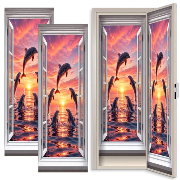 3D 2 Pcs School Locker Magnetic Wallpaper for Boys 12" x 36" Dolphins Leaping Open Window Ocean Sunset Vibrant Pink Orange Sky Reusable Removable Locker Accessories Back to School Supplies