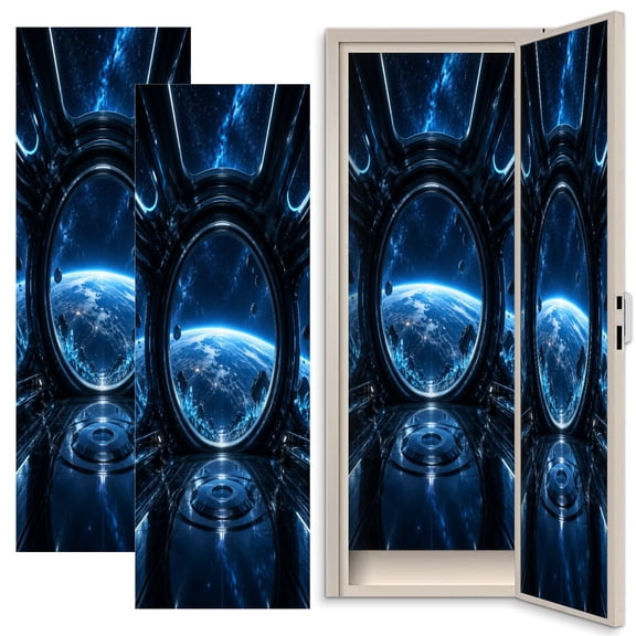 3D 2 Pcs School Locker Magnetic Wallpaper for Boys 12" x 36" Futuristic Space Station Window Overlooking Earth Reusable Removable Locker Accessories Back to School Supplies