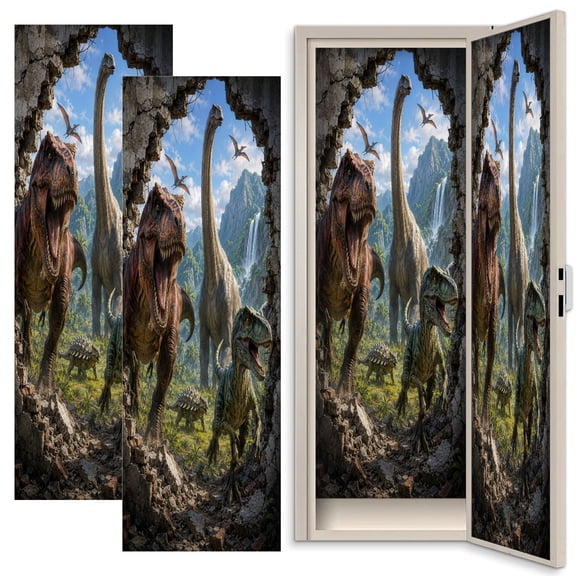 3D 2 Pcs School Locker Magnetic Wallpaper for Boys 12" x 36" Realistic Dinosaur Scene Waterfalls Jungle Landscape Reusable Removable Locker Accessories Back to School Supplies