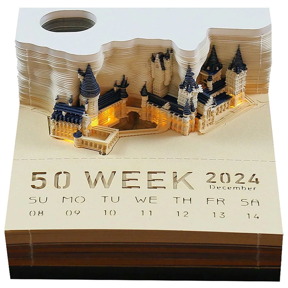 3D 2024 Desk Calendar Magic Castle Block Notepad with LED Light, 3D Art Memo Pad Paper Carving Birthday Gift , Notepad Sticky Notes Scrapbook Christmas Home Decoration