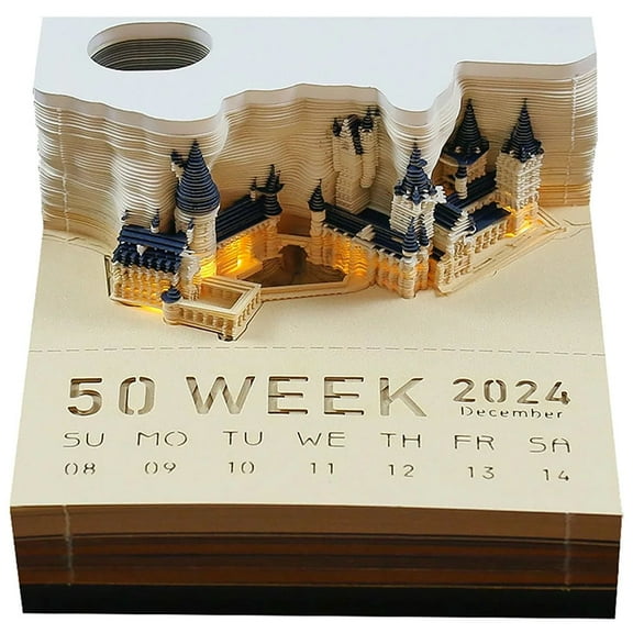 3D 2024 Desk Calendar Magic Castle Block Notepad with LED Light, 3D Art Memo Pad Paper Carving Birthday Gift , Notepad Sticky Notes Scrapbook Christmas Home Decoration